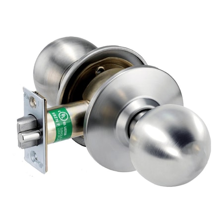 Grade 1 Privacy Cylindrical Lock, Ball Knob, Non-Keyed, Satin Stainless Steel Finish, Non-handed